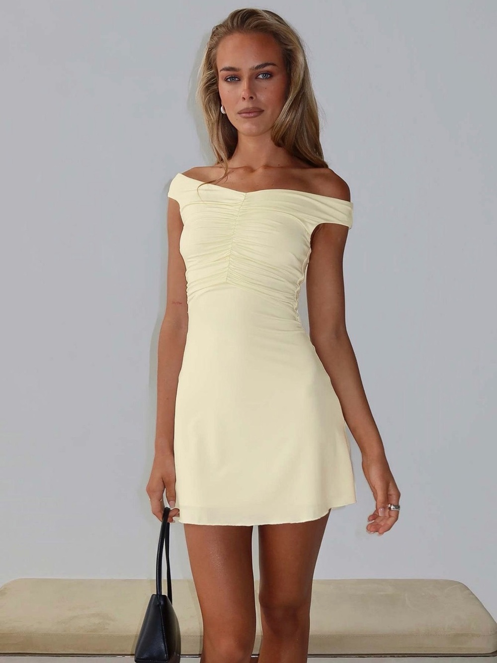 Princess Polly Pale Yellow Off-Shoulder Ruched Mini Dress